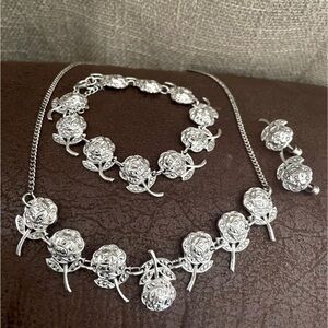 Vintage sterling silver marcasite set, necklace, bracelet and screwback …